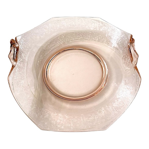Vintage Pink Depression Glass Folded Edge Etched Platter/Bowl with handles - Picture 4 of 15